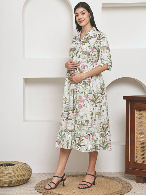 Frempy Women Fit and Flare Green Floral Printed Maxi/Full Length Dress