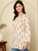 Ivory Ethnic Motifs Printed Lace-Up Back Pure Cotton Short Kurti