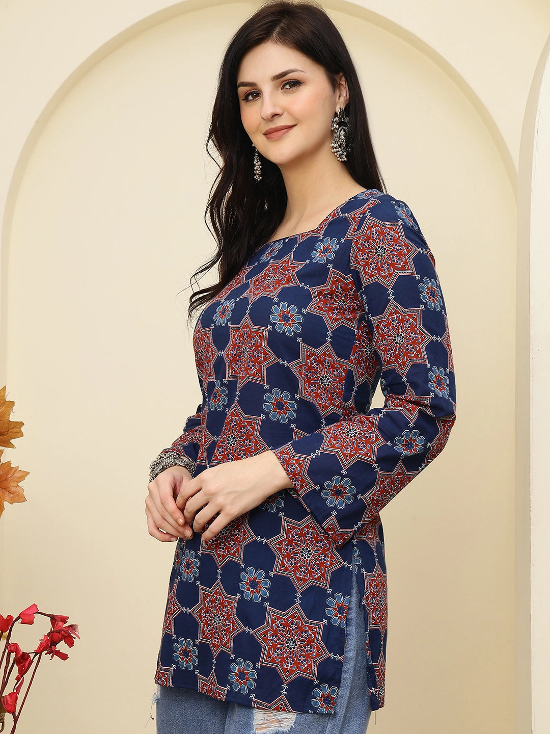 Navy Blue Ajrakh Printed A-Line Pure Cotton Short Kurti