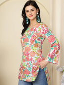 White Floral Printed  A-Line Pure Cotton Short Kurti