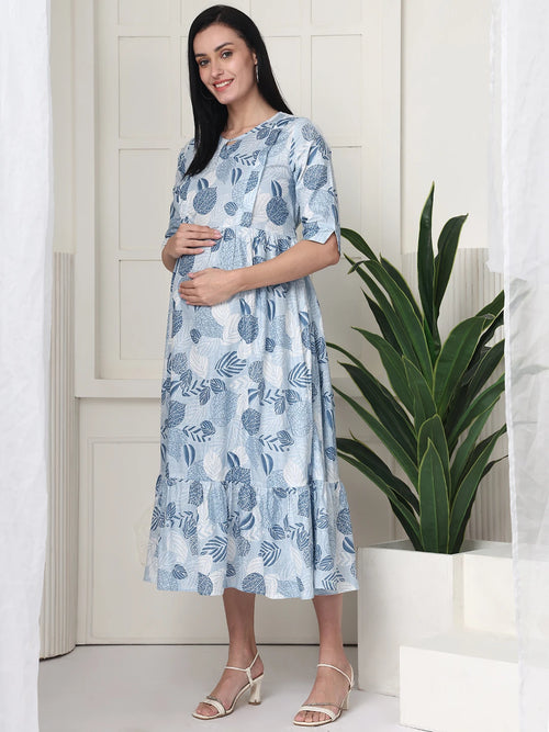 Frempy Women Light Blue Printed Maternity Dress