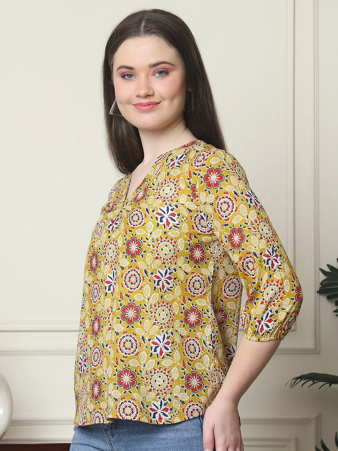 Frempy Women Yellow Floral Printed Pure Cotton Top