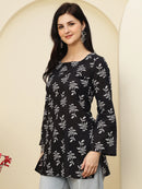 Black Leaf Printed  Lace-Up Back Pure Cotton Short Kurti