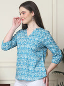 Frempy Women Aqua Blue Floral Printed Pure Cotton Top