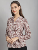 Camel Brown Floral Printed Pure Cotton Top