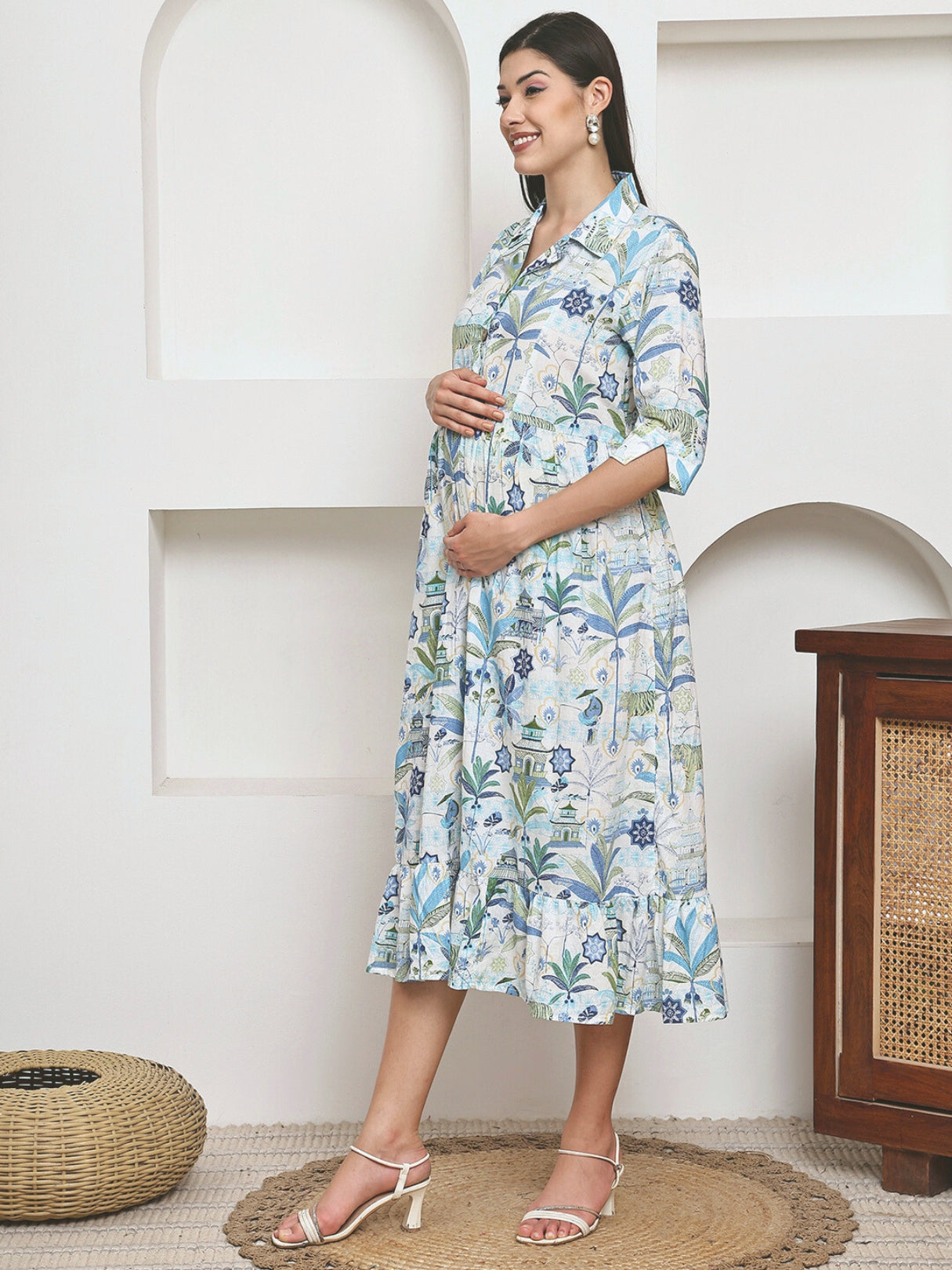 Frempy Women Fit and Flare Ligth Blue Floral Printed Maxi/Full Length Dress