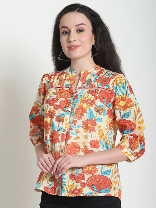 Frempy Women Blue Floral Printed Pure Cotton Top