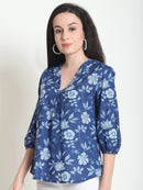 Frempy Women Navy Blue Floral Printed Pure Cotton Top