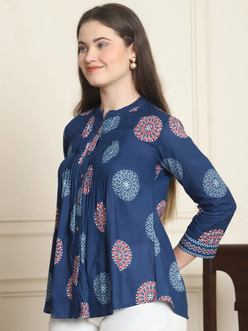 Frempy Women Navy Blue Mandala Floral Printed Pure Cotton Top