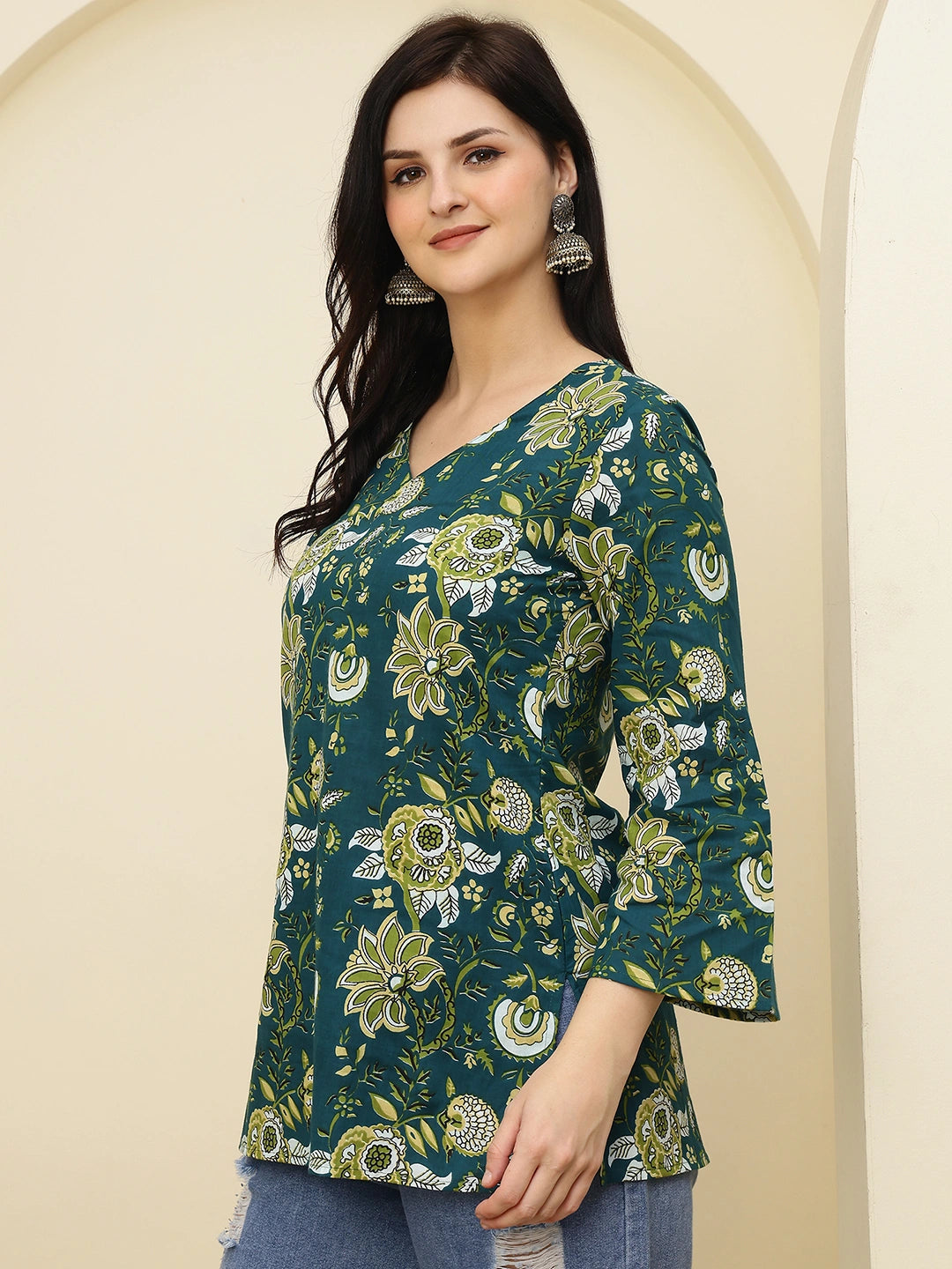Green Floral Printed Pure Cotton Short Kurti