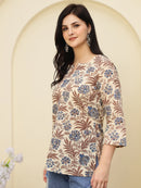 Cream Floral Printed V-Neck Pure Cotton Short Kurti