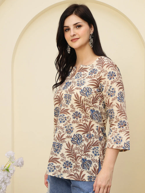 Cream Floral Printed V-Neck Pure Cotton Short Kurti