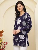 Navy Floral Bell Sleeve Pure Cotton Short Kurti