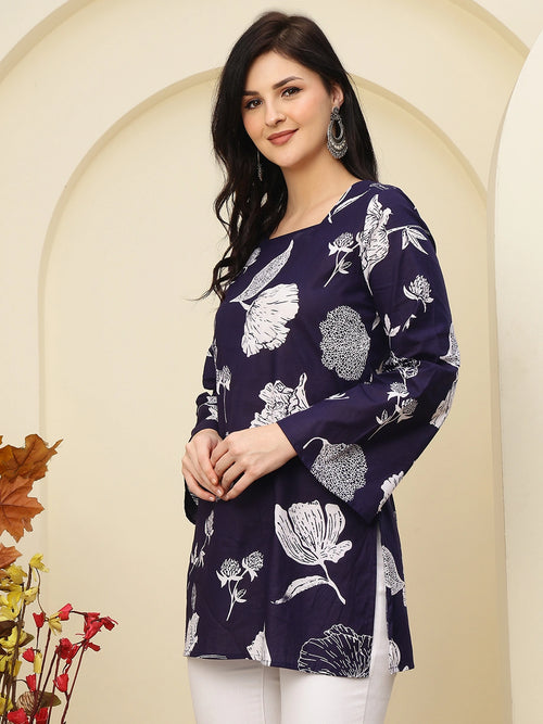 Navy Floral Bell Sleeve Pure Cotton Short Kurti