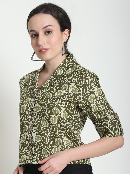 Olive Floral Pure Cotton Short Top