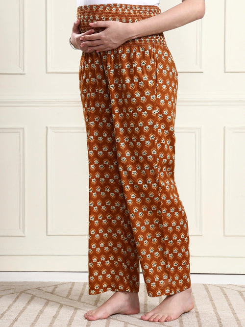 Frempy Rust Brown Floral Print Smocked Waist Pure Cotton Maternity Trousers