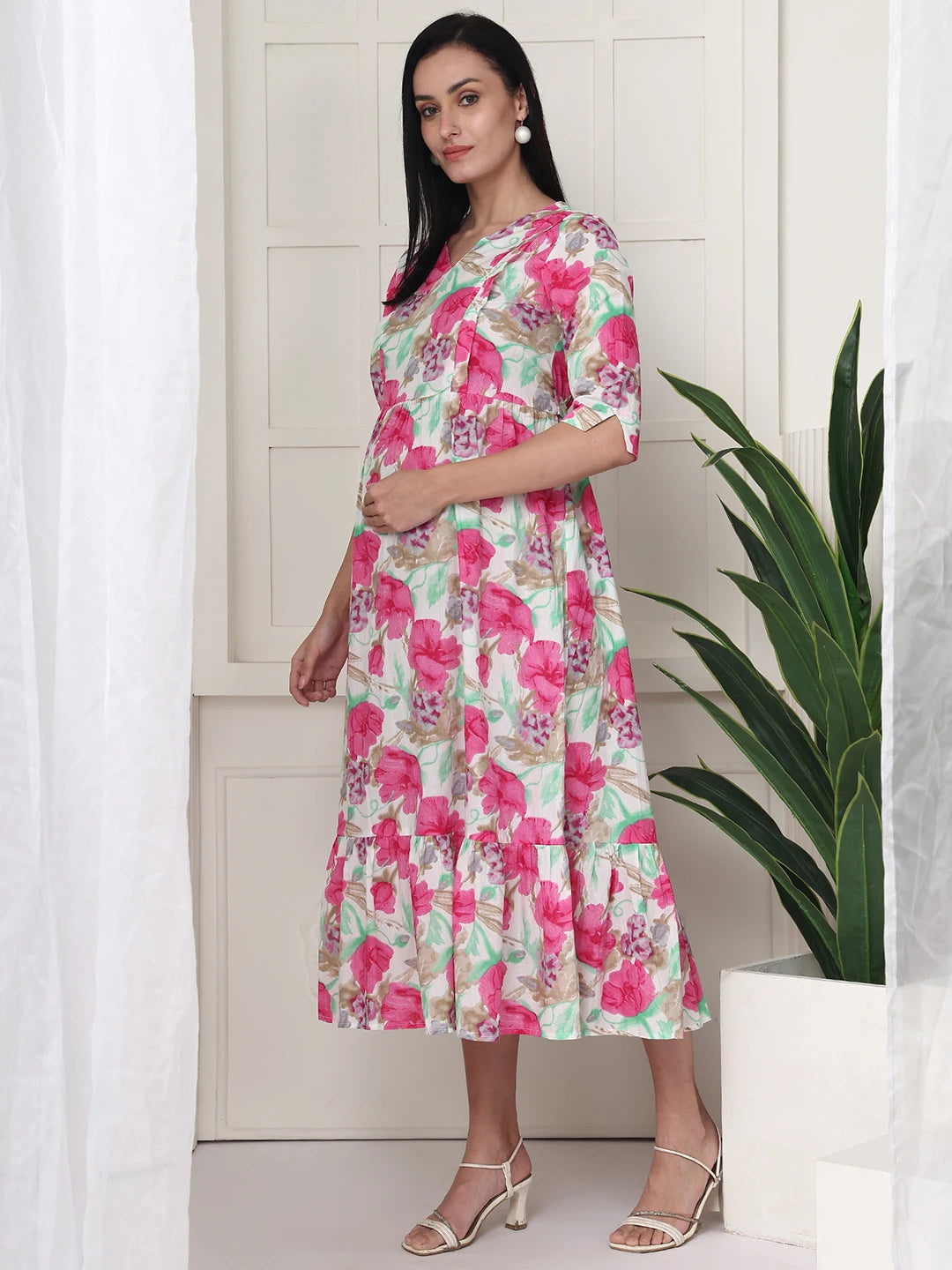 Frempy Women Multicolored Floral Printed  Maternity Dress
