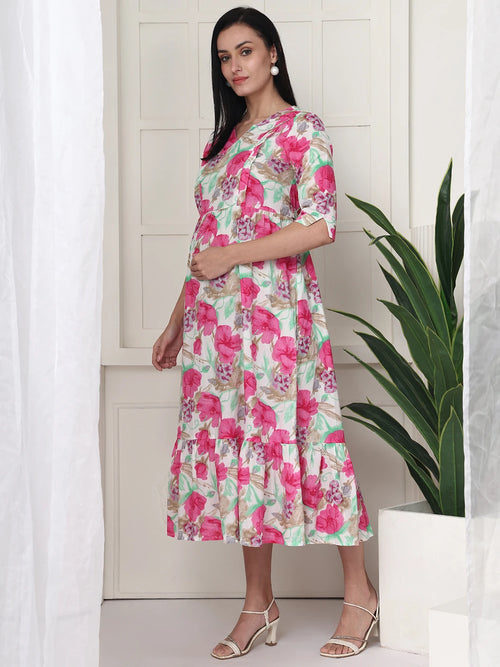 Frempy Women Multicolored Floral Printed  Maternity Dress