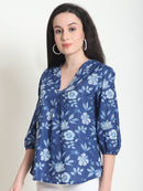 Navy Blue Floral Pure Cotton Top