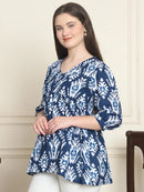 Frempy Women Blue Ikat Motif Pure Cotton Tops