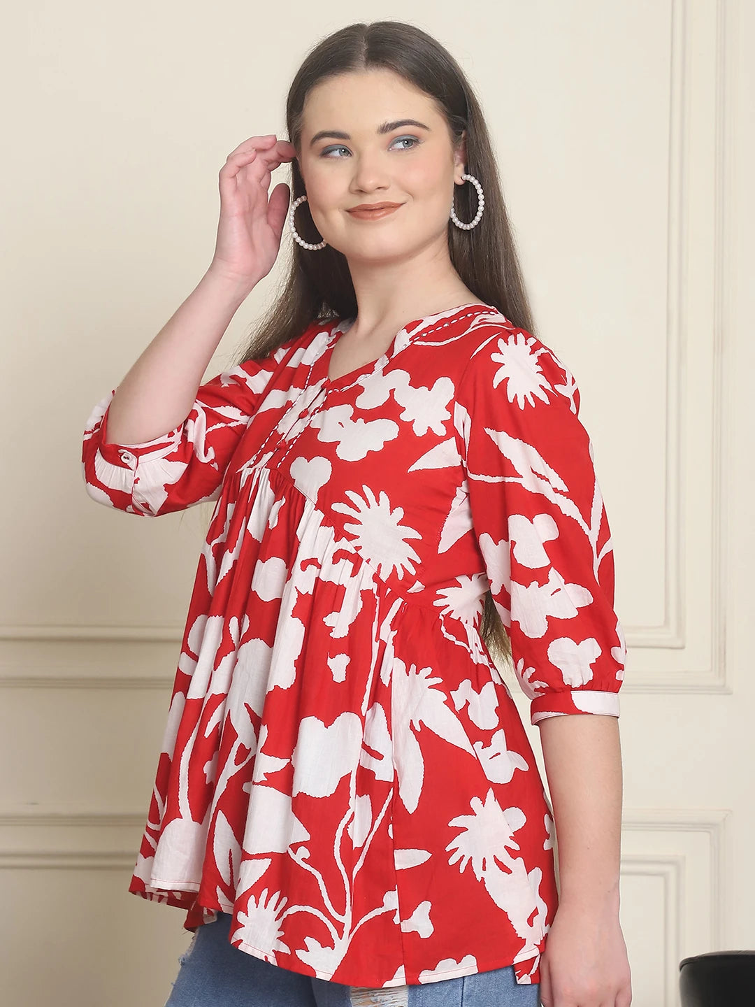 Frempy Women Red Abstract Printed Pure Cotton Top