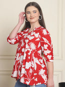 Frempy Women Red Abstract Printed Pure Cotton Top