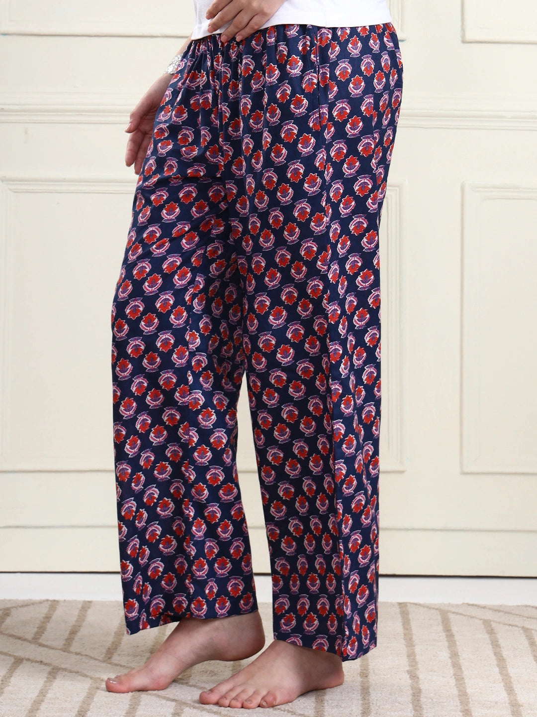 Frempy Black Floral Motif Print Smocked Waist Pure Cotton Maternity Trousers