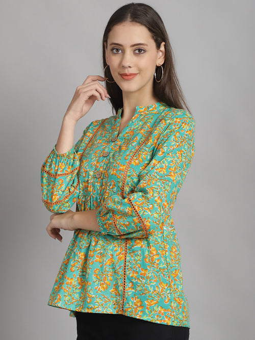 Lime Green Floral Printed Floral Pure Cotton Top