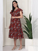 Frempy Women Fit and Flare Brown Floral Printed Midi Dress