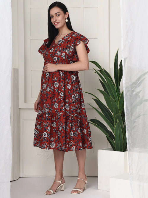 Frempy Women Fit and Flare Brown Floral Printed Midi Dress