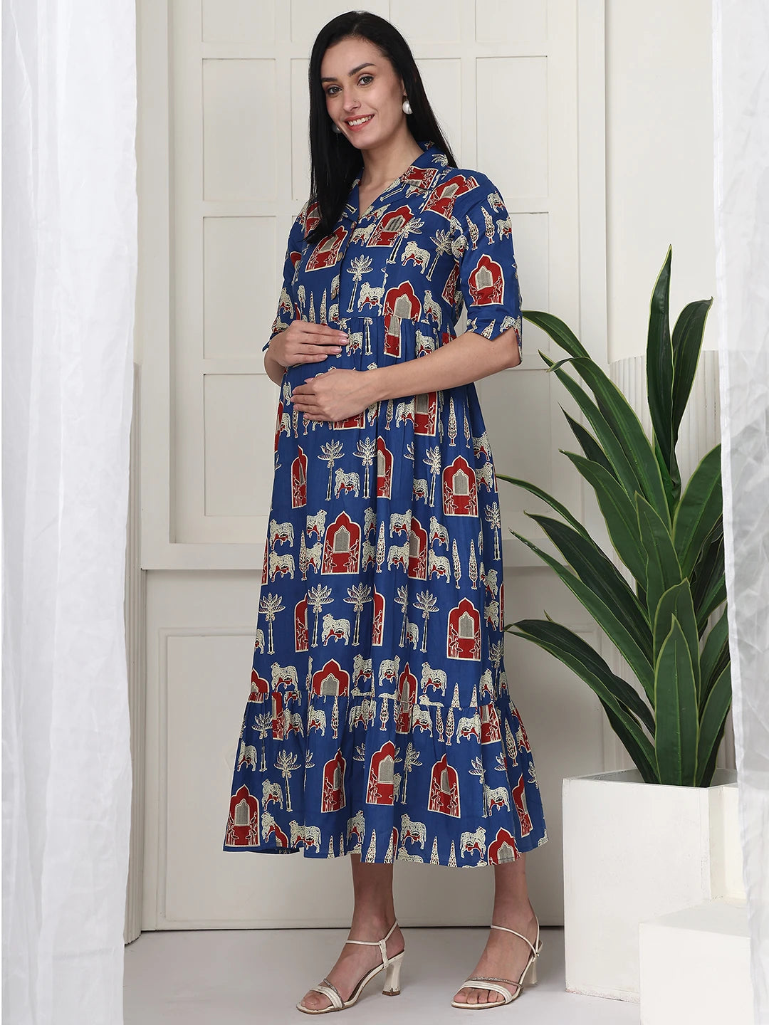 Frempy Women Fit and Flare Blue Printed Maxi/Full Length Maternity Dress