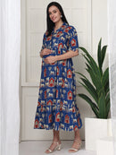 Frempy Women Fit and Flare Blue Printed Maxi/Full Length Maternity Dress