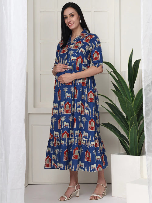 Frempy Women Fit and Flare Blue Printed Maxi/Full Length Maternity Dress
