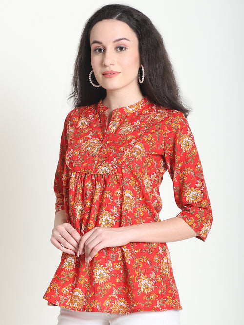Red Floral Pure Cotton Top