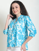 Frempy Women Blue Floral Printed Pure Cotton Top