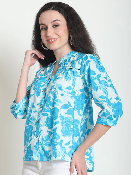 Frempy Women Blue Floral Printed Pure Cotton Top