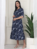 Frempy Women Navy Blue Floral Printed  Maternity Dress