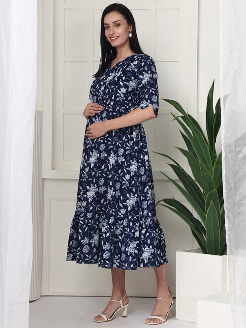 Frempy Women Navy Blue Floral Printed  Maternity Dress