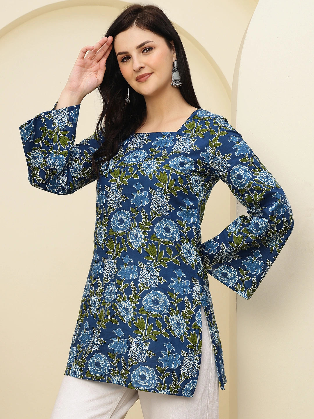 Teal Blue Floral Bell Sleeve Pure Cotton Short Kurti