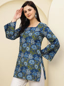 Teal Blue Floral Bell Sleeve Pure Cotton Short Kurti