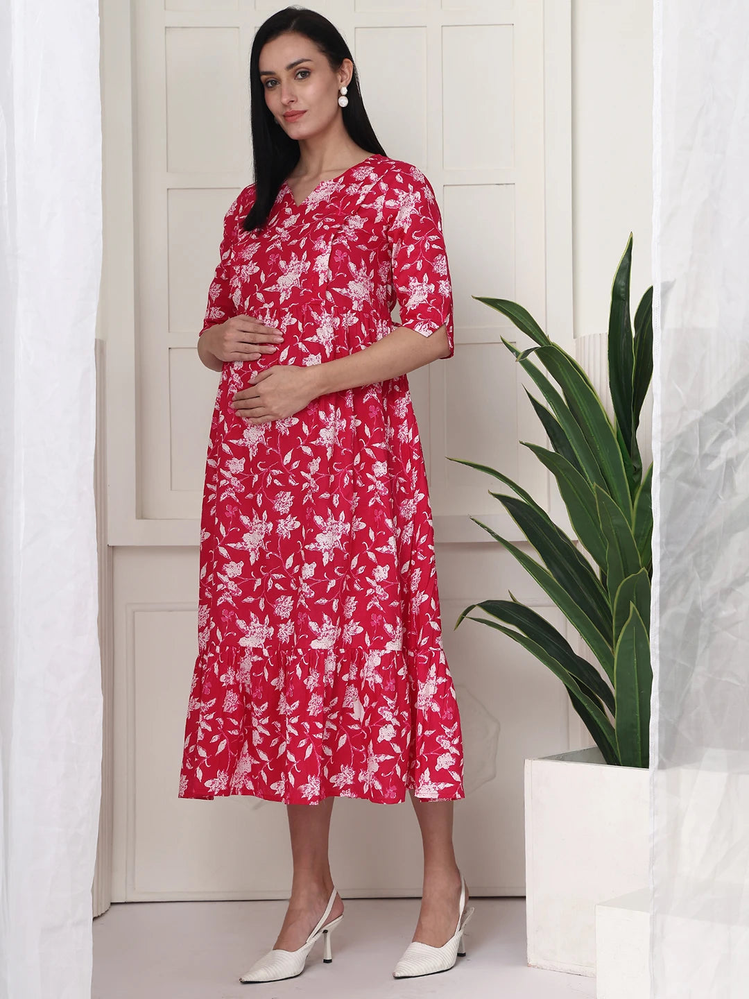 Frempy Women Pink Floral Printed  Maternity Dress