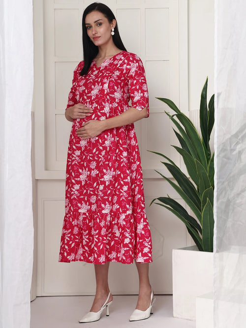 Frempy Women Pink Floral Printed  Maternity Dress