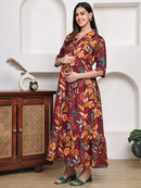 Frempy Women Fit and Flare Maroon Floral Printed Maxi/Full Length Dress