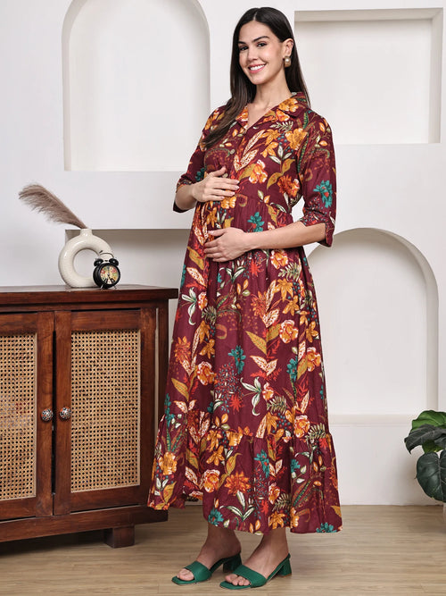 Frempy Women Fit and Flare Maroon Floral Printed Maxi/Full Length Dress