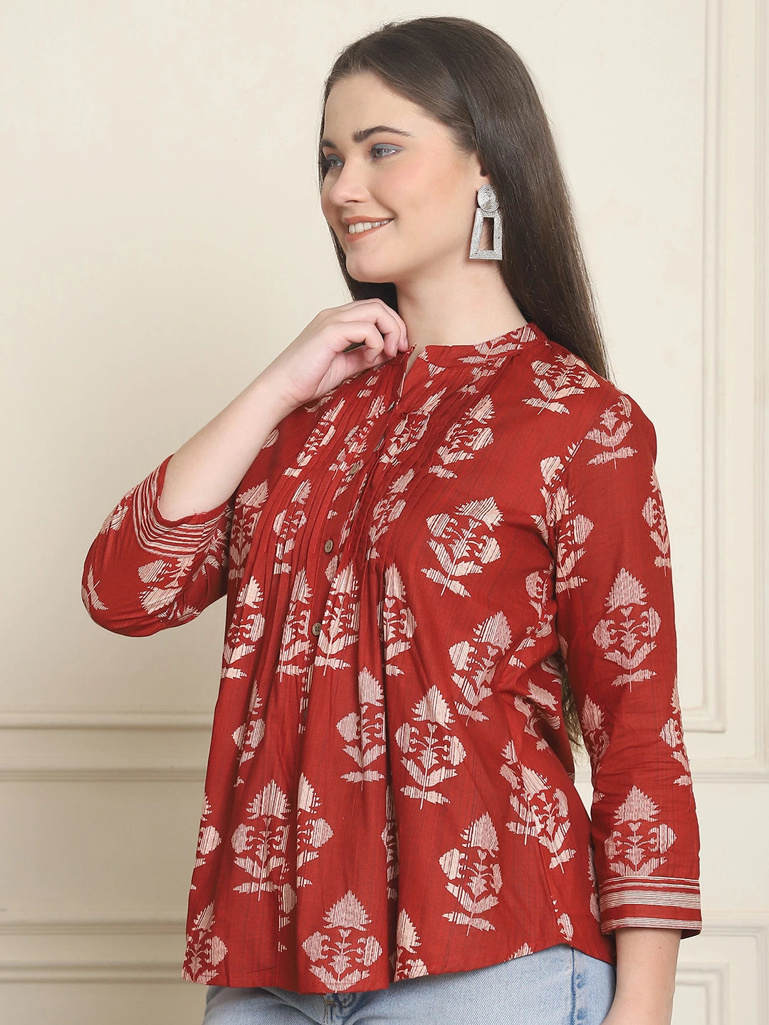 Frempy Women Maroon Motifs Printed Pure Cotton Top