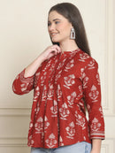 Frempy Women Maroon Motifs Printed Pure Cotton Top