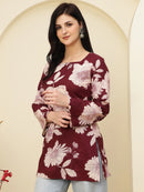 Maroon Floral Print Lace-Up Back Pure Cotton Short Kurti