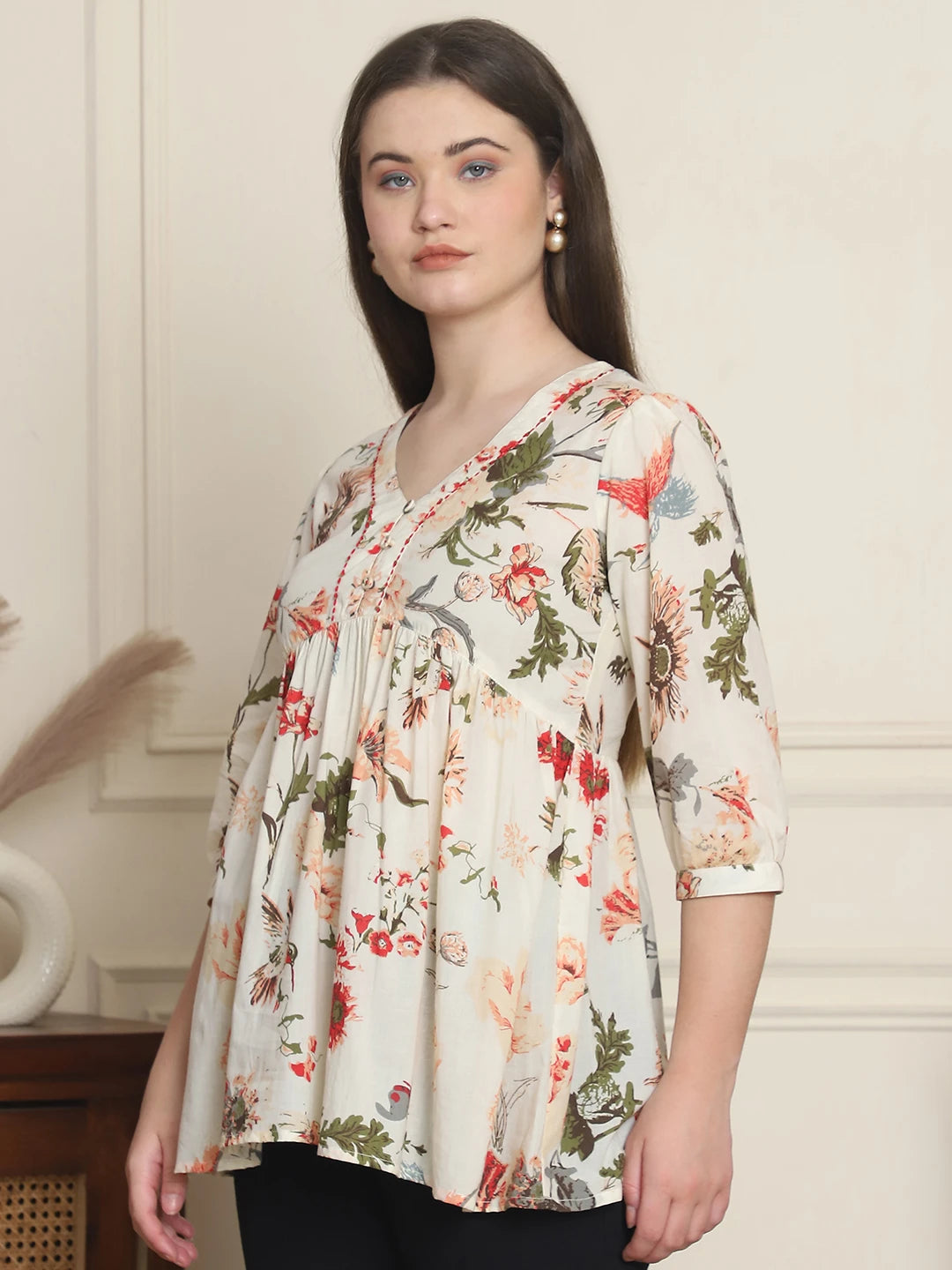 Frempy Women Off White Pure Cotton Top