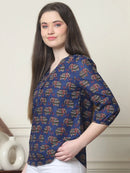 Frempy Women Navy Blue Elephant Printed Pure Cotton Top
