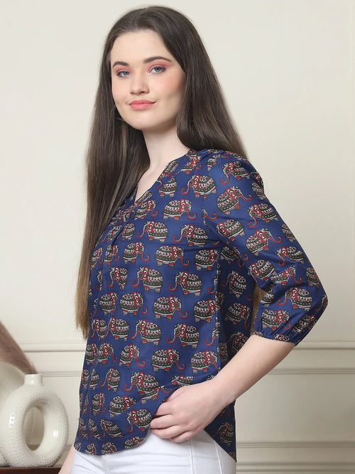 Frempy Women Navy Blue Elephant Printed Pure Cotton Top